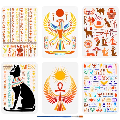 FINGERINSPIRE 6Pcs Pochoir de Peinture de Symboles Égyptiens Avec 1 Pinceaux Plastique 21X29.7cm Horus Falcon Stencil Anka Wings Sun Cat Pattern Pochoir...
