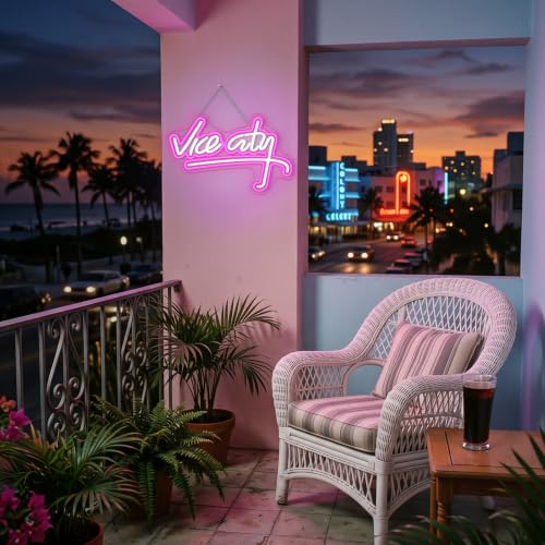 Image of Vice City Neon Sign Pink Letter Dimmable LED Wall Light for Bar Party Decor | 18.5x11.4 in,Five level brightness adjustment,USB powered,For Game Room,Bar,Club,Store Man Cave,Gaming Zone,Party