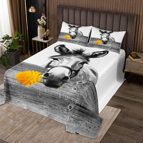 Erosebridal Funny Donkey Bedspread Set Queen Size,Sunflower Quilt Set Boys Girls Yellow Floral Coverlet Set Farm Animal Donkey Sketch Bed Cover Wooden Board Bedspread Sets