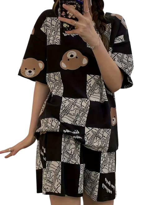 lunza Women's Cotton Blend Pajama Set, Short Sleeve T-Shirt and Shorts, Cute Bear Print Nightwear-picture-24