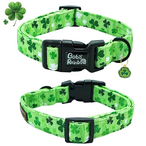 Image of St Patrick's Green Trefoil Print Dog Collar for X-Small Dogs | Daily Walks,Irish Parade,Spring Picnic Hiking,Adjustable,Cotton Fabric,Quick Release Plastic Buckle,Pendant,Female /Male Dog