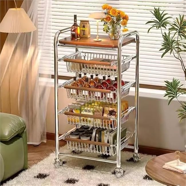 Rolling Kitchen Cart, Metal Bar Cart with Wire Baskets & Wheels, Movable Storage Trolley for Pantry, Coffee Bar, Bathroom, Office(Crystal Wheel,78x28x90cm)-vUG7eklF