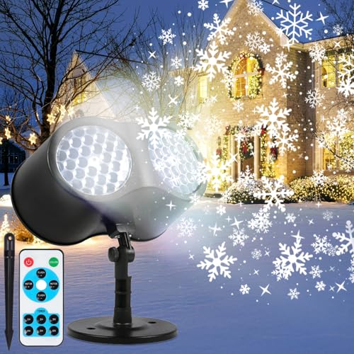 SACBRZZ Proiettore Luci Natale per Esterno, LED Fiocchi Di Neve Dinamica Proiettore Natale Esterno Interno Doppia Testa,Con Telecomando Timer, Impermeabile Ip65,Per Finestra Parete Cortile Decorazioni