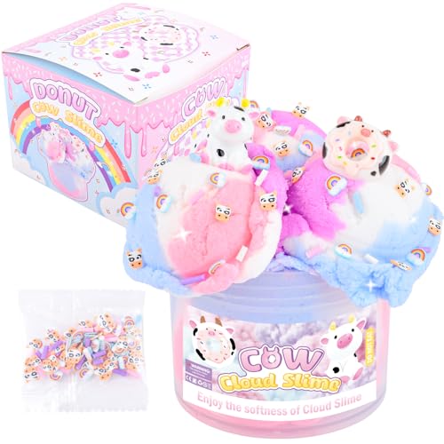 Cow Cloud Slime Scented Slime Party Favors for Girls and Boys with Cute Donut Cow Charms and Rainbow Cloud Add-ins Birthday Gift for Kids 4-12 Super Soft Sludge Toy