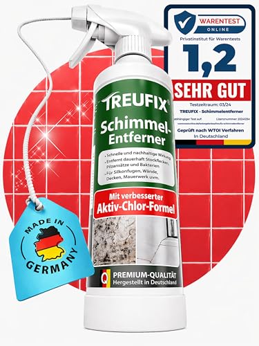 Treufix - Schimmelentferner [Verbesserte Aktiv-Chlor-Formel] Schimmelspray für Wand, Bad, Silikonfugen, Tapete u.v.m. gegen hartnäckigen Schimmel, Stockflecken & Schimmelpilz - Made in DE