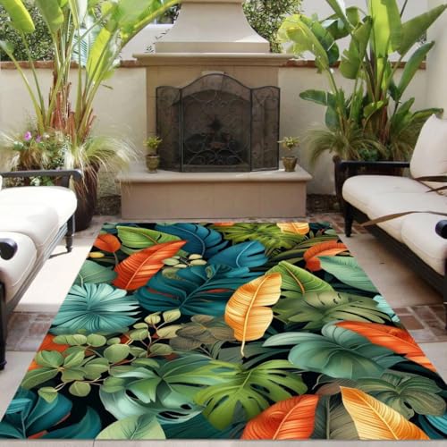 Colorful Tropical Plants Waterproof Fade Resistant Outdoor Area Rug 4x6 Washable No Slip Reversible Rug for Garden Backyard Patio Deck Natural Porch RV Camping Outside Carpet Indoor Outdoor Rug Mat