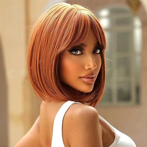 PORSMEER Medium Long Hair Wigs for Women Ladies Copper Red Bob Wigs with Fringe Natural Straight Synthetic Hair Wig 16 Inches,Everyday or Halloween Fancy dress Wig