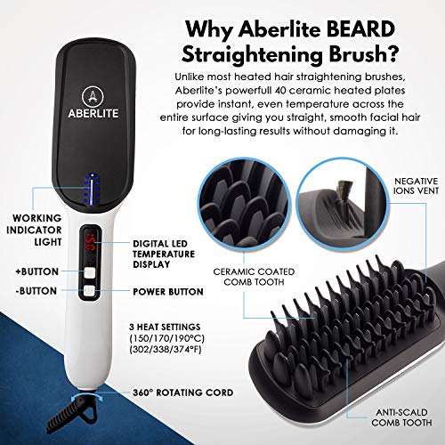 (Upgraded) Aberlite MAX - Beard Straightener for Men - Beard Straightening Heat Brush Comb Ionic - for Home & Travel
