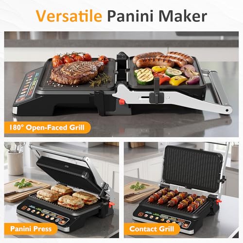 Image of SUNVIVI 3-in-1 Electric Grill Indoor, Panini Press & Sandwich Maker with Removable Plates, 1600W, 8 Cooking Modes, 180 Flat Opening, Adjustable Temp, Ceramic Nonstick Dishwasher Safe, Stainless Steel