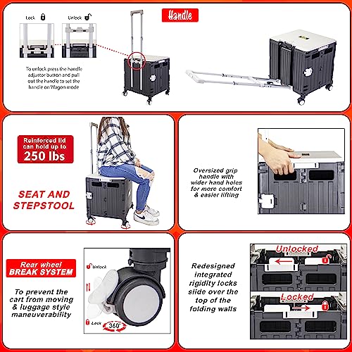 Image of dbest Products Quik Cart Swing Lid Four Swivel Wheeled Rolling Crate Teacher Utility with seat Heavy Duty Collapsible Basket with Dual Telescopic Wagon Handle