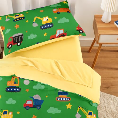 Image of Wake In Cloud - Toddler Bedding Set for Boys, Construction Car Excavator Truck, 4 Pieces Soft Crib Bed Set Including Comforter, Sheets and Pillowcase, Grass Green
