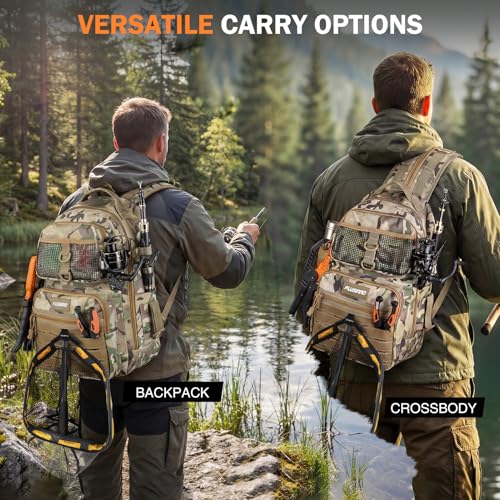 Image of PLUSINNO Fishing Backpack with Fishing Gear Fishing Net, Waterproof Tackle Backpack with Rod Holders, Tackle Box, Lures, Tools, Pliers & Accessories, Fish Gifts for Men