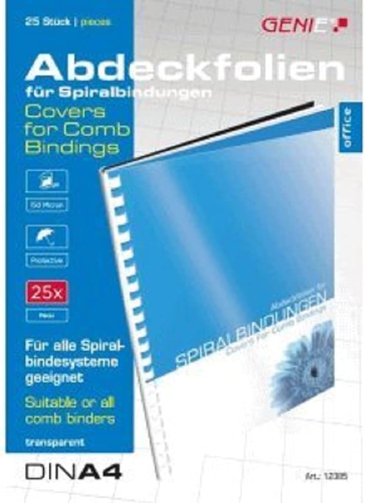 Genie CB 850 Spiralbindegerät (bis 350 Blatt, DIN A4, Inkl. 75-teiligem) silber/schwarz & Genie 12385 Deckblätter (DIN A4, glasklar, 150 Micron, geeignet für alle Bindegeräte) 25 Stück transparent