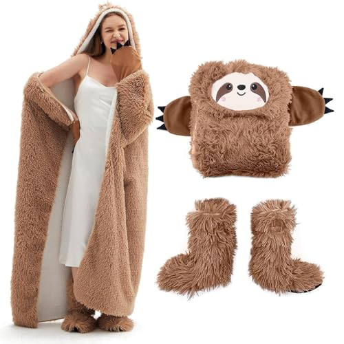 Faultier Decke mit Ärmeln und Hüttenschuhe - Faultier Geschenk für Frauen | Sherpa Fleece Kuscheldecke mit ärmeln, Tragbare Decke zum Anziehen als Weihnachten Geburtstagsgeschenk für Frauen Damen