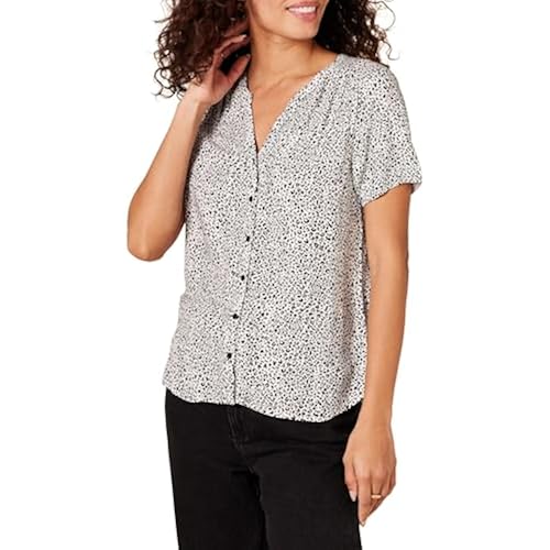 Amazon Essentials Women's Relaxed-Fit Short-Sleeve V Neck Button-Front Woven Blouse, Business Casual Work Blouse