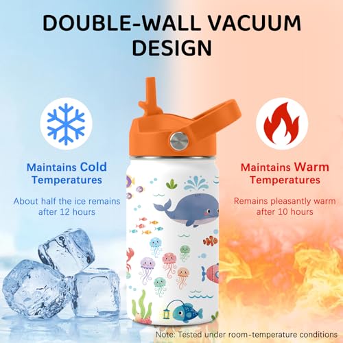 Image of Sea Animal Water Bottle for Daughter, Stainless Steel Insulated Tumbler with Straw Lid and Handle, 12oz Reusable Leak-Proof Bottle for Sports