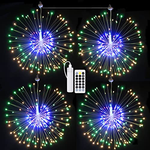 KOFOHO 4 Packs Starburst Firework Lights, Led String Light 8 Modes Dimmable with Remote Control, USB Rechargeable Battery Operated Hanging Fairy Lights, Decorative Wire Lights for Christmas (Multi)