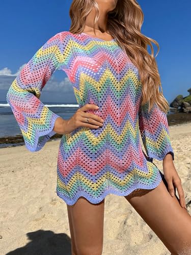 Womens Crochet Knit Color Block Swimsuit Coverup Mini Dress Summer 2025 Long Sleeve Beach Bathing Suit Cover Up3