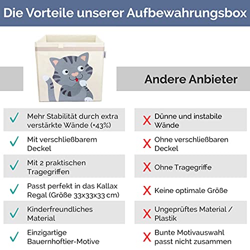 GLÜCKSWOLKE Kinder Aufbewahrungsbox - 15 Motive I Spielzeugkiste mit Deckel für Kinderzimmer I Spielzeug Boxen (33x33x33) Kiste zur Aufbewahrung im Kallax Regal I Bauernhof-Tiere Katze