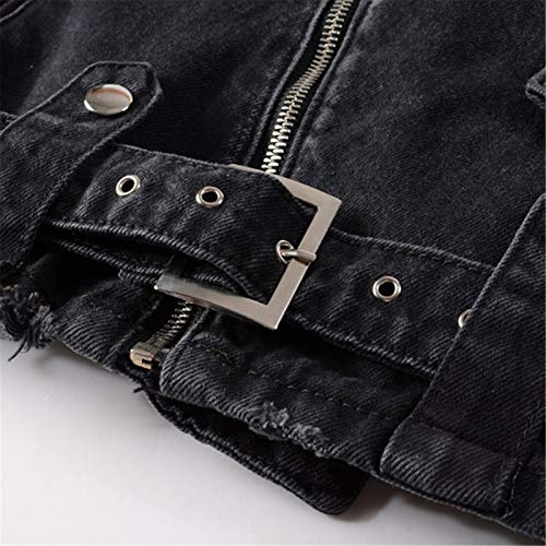 Yiqinyuan Men's Zippers Black Biker Jean Jacket Streetwear Thick Denim Slim Coat With Belt4