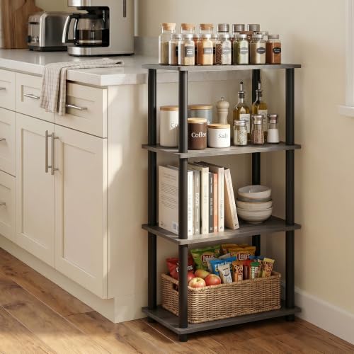 Image of Furinno Turn-N-Tube No Tool 4-Tier Storage Shelf, Narrow, French Oak Grey /Black