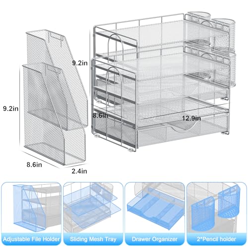 Image of gianotter Desk Organizers and Accessories with File Holder, 4-Tier Desk Accessories & Workspace Organizers with Drawer and 2 Pen Holder, Paper Organizer for Office Supplies (Grey)