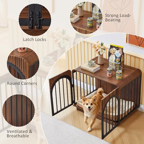 31.5" Fluted Wooden Dog Crate Furniture, Mid-Century Modern Indoor Dog Kennel Dogs Cage for Small/Medium Dogs, Heavy Duty Dog Crates Decorative Pet House for Living Room, Walnut - Image 4