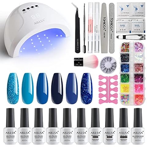 AILLSA Gel Nail Kit, Gel Nail Polish Set with Lamp Starter Kit, Gel Nail Kit Glitter Royal Blue 6 Colors Soak Off Gel Nail Polish Starter Set, No Wipe Glossy&Matte Top Coat/Base Coat Cover