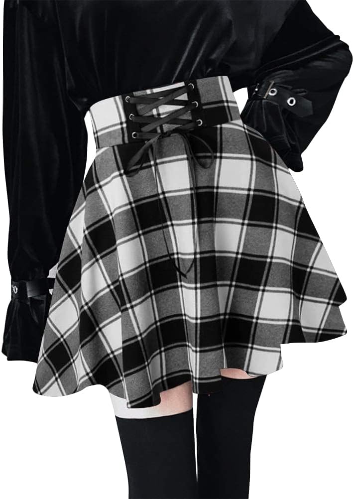 IDEALSANXUN Gothic Plaid Mini Skirts for Women Short High Waist Plaid Skirts