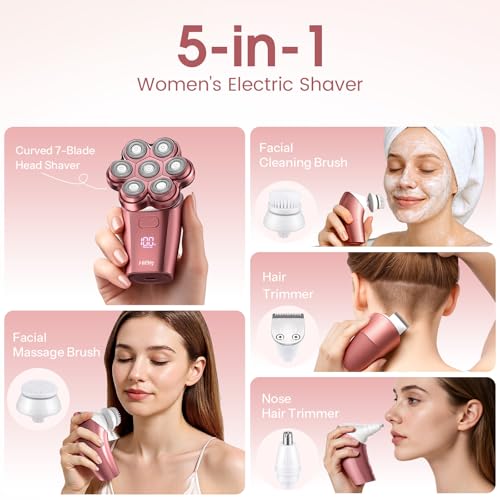 Image of Electric Razors for Women Legs: 5-in-1 Rechargeable Body Shaver, 7D Wet & Dry Body Trimmer, IPX7 Waterproof Lady Hair Remover for Face Underarms Pubic, Light Pink