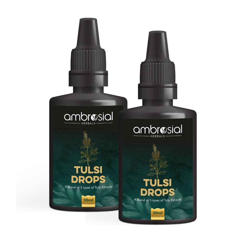 Ambrosial Tulsi Drops Concentrated Extract of 5 Tulsi 30ml | Natural Immunity Booster | Relieves Cough & Cold | Raw Extract of Holy Basil Leaf (Pack of 2-30ml*2)