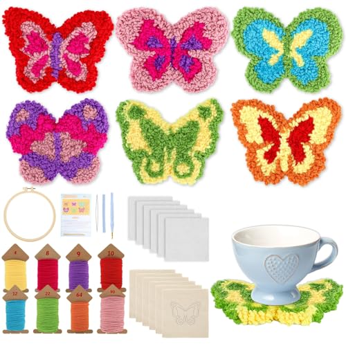 Image of Punch Needle Kit for Beginners 6 Patterns Butterfly Designs Embroidery Punch Needle Coaster Kit for Mom with Adhesive Felt Yarns Embroidery Hoop Instruction Idea Punching Art Kits for Mother's Day