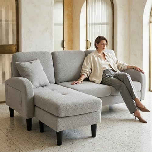 Yihomfy Petit Canapé d'angle, Canape Dangle Convertible avec Méridienne à Gauche et Coussins, Poche Latérale, Tissu de Lin, Convient aux Petits Espaces,...