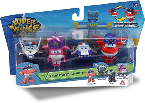Super Wings EU720040F Jett, Police Paul, Kim & Rescue Dizzy Transform-A-Bots 4 Pack Toy, Multi, 2'
