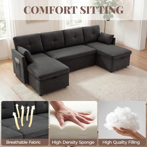 Image of Huatean Home Oversized Sleeper Sofa Couch, 100 inch 2 in 1 Pullout Couch Bed with Side Pockets for Living Room, Sectional Sleeper Sofa Bed with Double Storage Chaise, Black