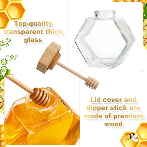 Sunnyray 20 Pcs 220 ml Glass Honey Jars with Dipper Hexagonal Clear Glass Dispenser Small Honey Containers Bottle with Wooden Dipper and Cork Lid for Home Storage Kitchen - Thumbnail 4