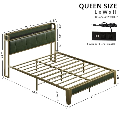 LIKIMIO Queen Bed Frame, Storage Headboard with Charging Station, Solid and Stable, Noise Free, No Box Spring Needed, Easy Assembly (Dark Green)