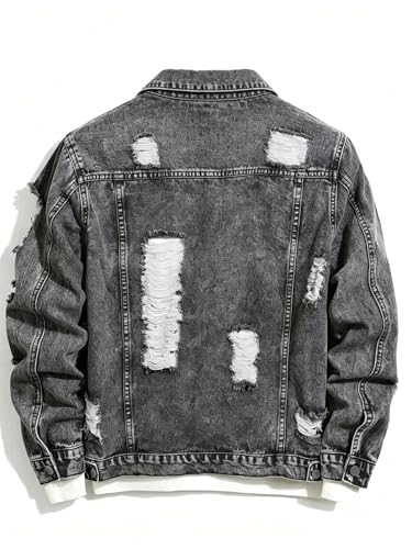 Image of Men's Denim Jacket Patchwork Fringe Jacket Slim Jean Jacket Streetwear Coat