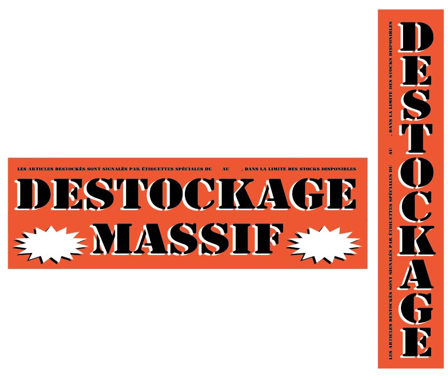Affichesstore 30931 - Kit 2 Affiches Destockage Massif Orange L80 H26 cm + L15 H80 cm - Imprimé Recto Seul - Inscriptible - Qualité Imprimerie - Papier Brillant 170g.