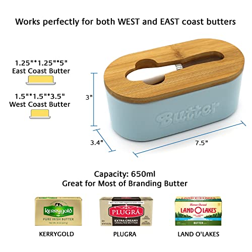 Mbr Force Large Butter Dish With Lid For Countertop Ceramics Butter Keeper Container With Knife High-Quality Double Silicone For Kitchen, Farmhouse,Fridge, Gift Oval Blue #TOP4