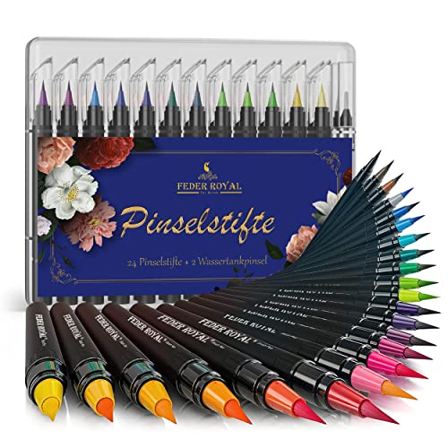 FEDER ROYAL 24+2 Aquarellstifte Pinselstifte Brush Pen Set | Flexible Nylonspitzen | 2 Wassertankpinsel | Stifte Hand Lettering & Kalligraphie Weihnachtsgeschenke Geschenk Mädchen