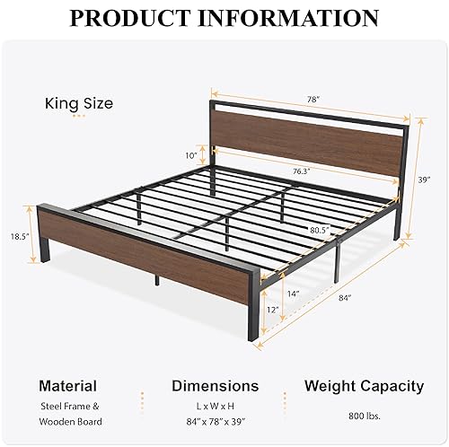 SHA CERLIN 14 Inch King Size Metal Platform Bed Frame with Wooden Headboard and Footboard, Mattress Foundation, No Box Spring Needed, Large Under Bed Storage, Walnut