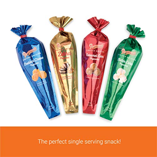 Popcornopolis Popcorn 12 Cone Snack Pack Including Zebra, Cheddar Cheese, Caramel and Kettle Corn, Metallic