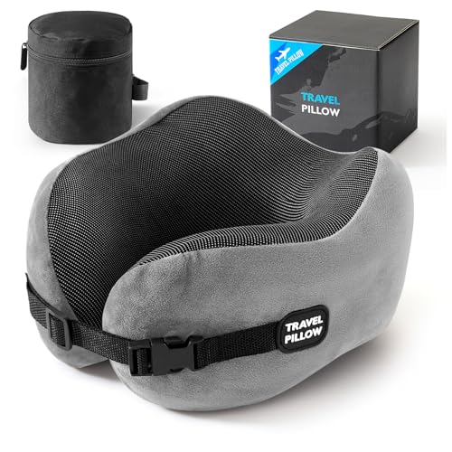 Image of Neck Pillow Travel Pillow - 100% Pure Memory Foam Airplane Pillow with Adjustable Clasp & Removable Cover, Portable Travel Essentials for Long Flights, Car & Office (Light Gray)