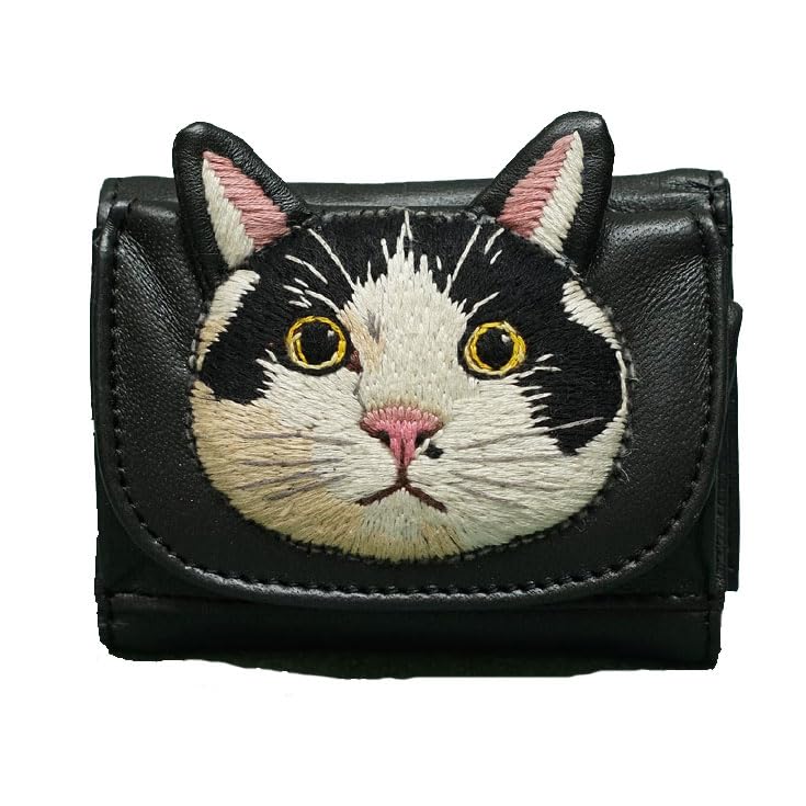 Cat mini wallet WAL3516 Wallet Bifold Wallet Women's Embroidery Compact wallet Black