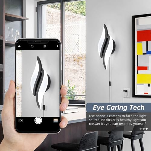 Image of CANEOE Plug in Wall Sconces Set of Two 6000K Black Modern LED Wall Light Fixtures Acrylic Wall Sconce Lighting for Living Room Bedroom Bedside Bathroom Hallway Stairway Wall Lamp