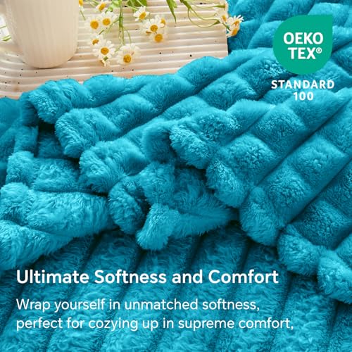 Image of BEDELITE 3D Checked Teal Fleece Twin Throw Blanket for Bed, 60x80 Inch