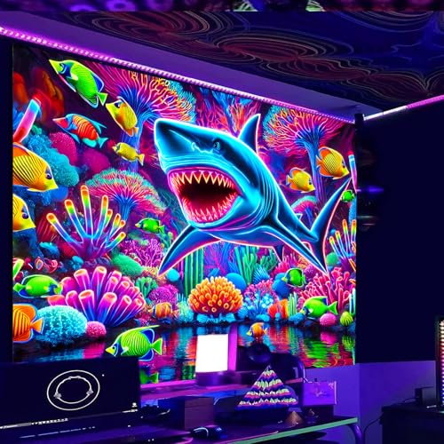 Image of Nuxovilar Neon Shark Wall Tapestry Polyester 78.74x59.05 In | Glow Poster Trippy Wall Art Sea Decor UV Backdrop Game Room Dorm Themed Space Area Room (Neon Shark Ocean Motif)