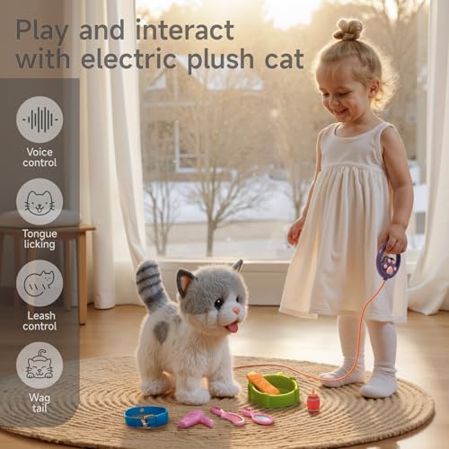 OR OR TU Walking Toy Cat with Remote Control Leash, Plush Cat Electronic Interactive Toys for Kids, Shake Tail, Licking, Pretend Dress Up Realistic Stuffed Animal Cat Age 3 4 5 6+ Years Old Best Gift - Image 3