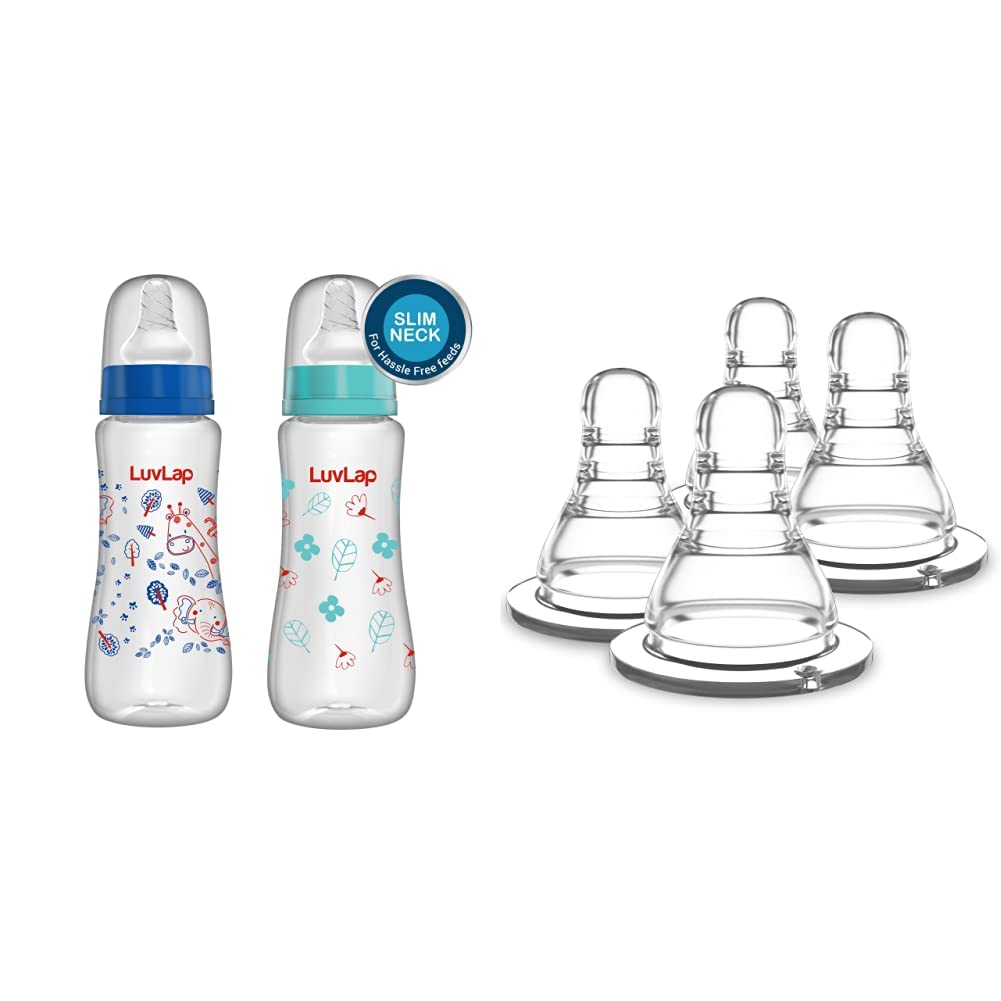 LuvLap Slim Feeding Bottle 250 ml, Pack of 2 & Slim Nipple Variable Flow, 4 Pcs-image-0